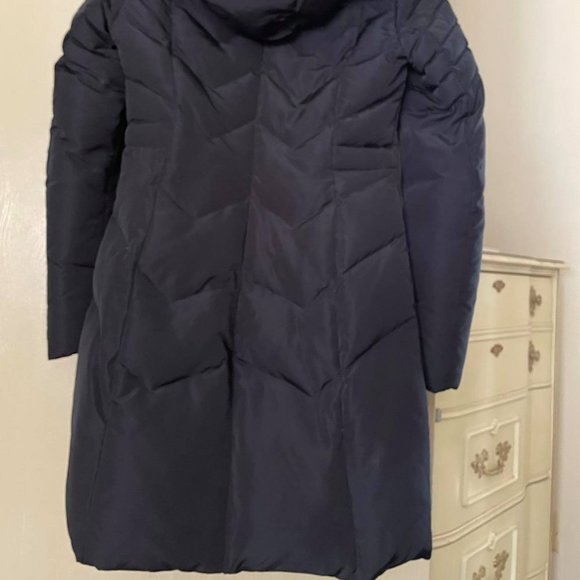 XS New Zara Puffer Taffeta Hooded Fitted Knee Mid Length Coat Midnight Blue - Picture 5 of 7